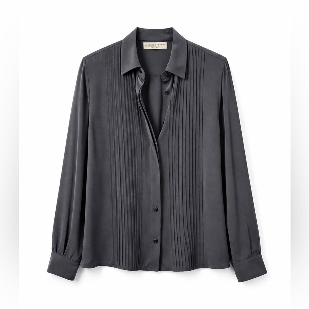 Valerie Stevens 100% Silk Black Pleated Button Front Blouse Long Sleeve